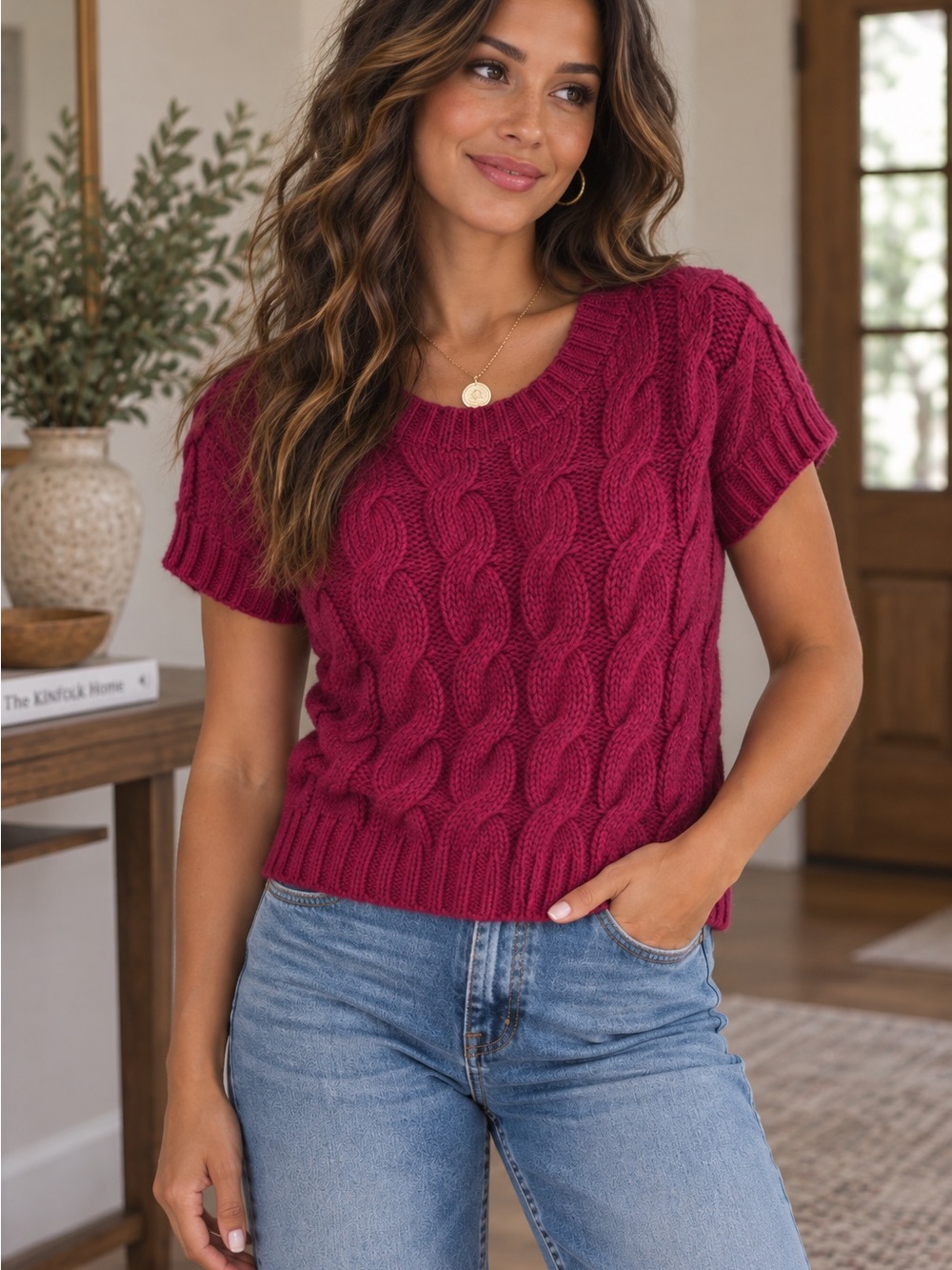 Large a.n.a Scoop Neck Cable Knit Sweater - Raspberry Pink